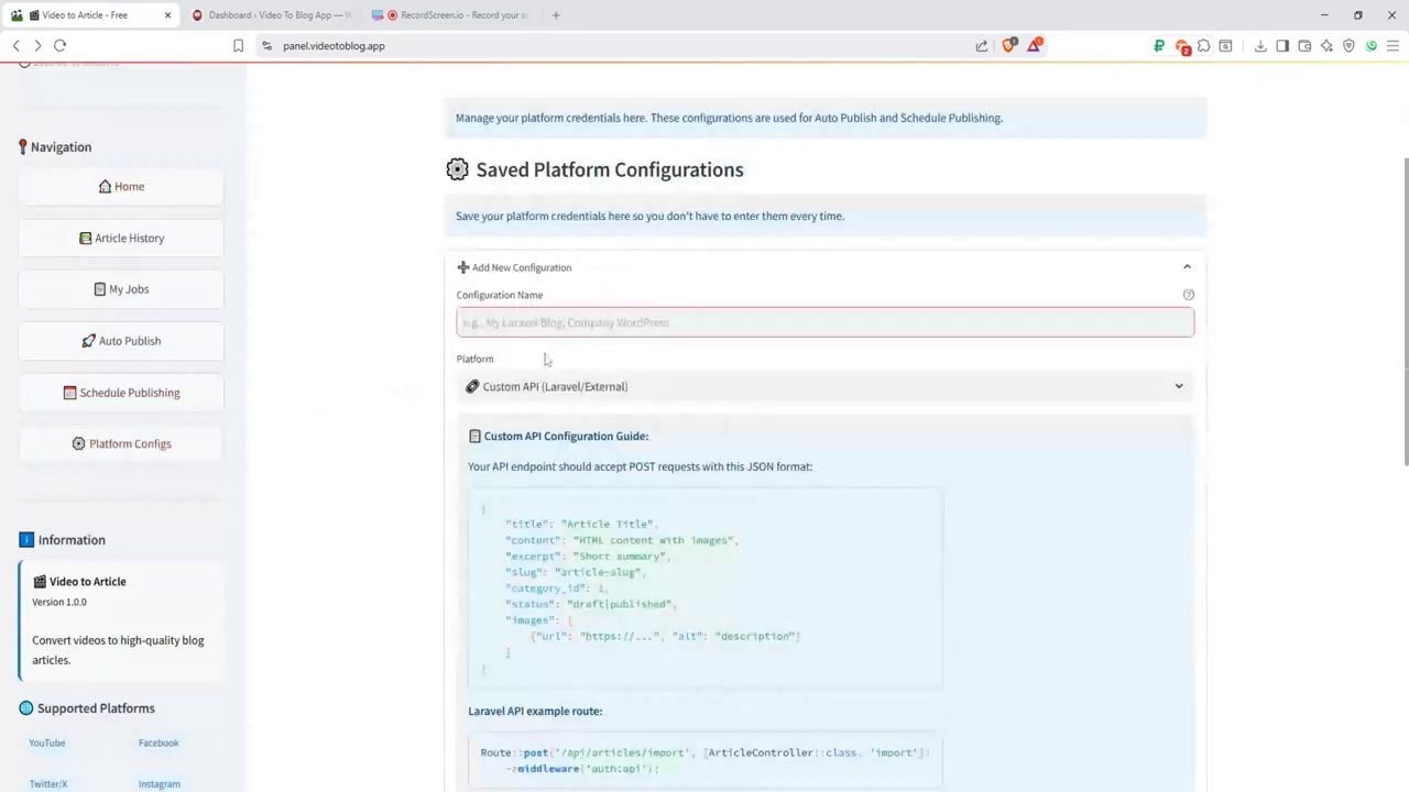 A screenshot of the VideotoBlog.app dashboard, showing the left-hand navigation menu and the main WordPress configuration guide.