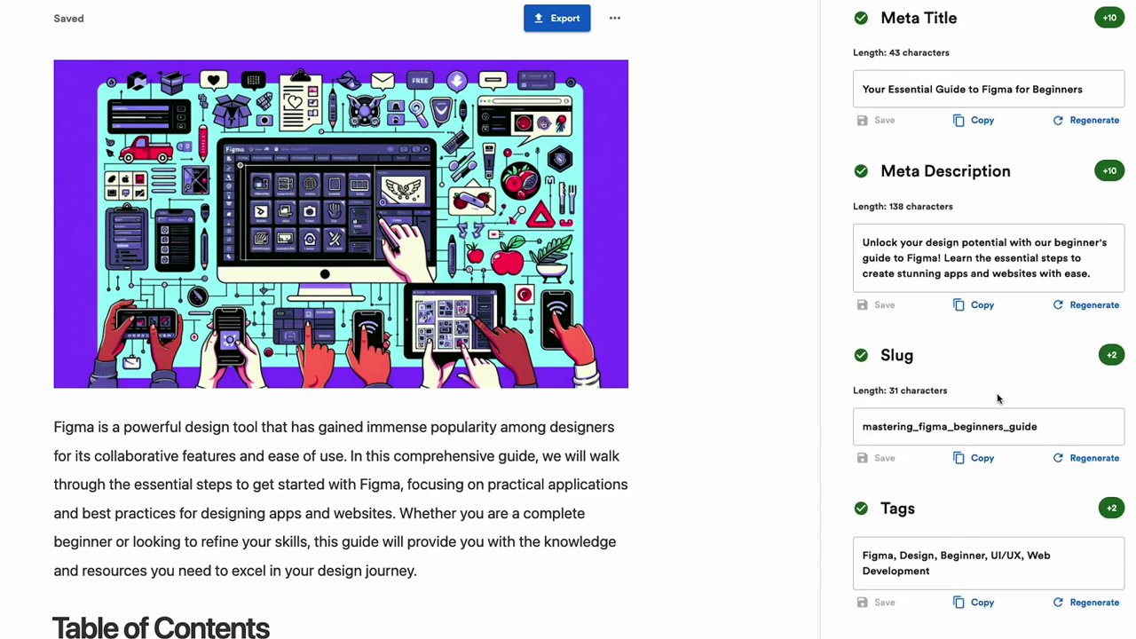From Video to Viral Blog: How AI is Revolutionizing Content Repurposing The interface showcases the "Content Analyzer" panel with scores for readability, AI detection, and SEO, alongside various export and publish buttons.
