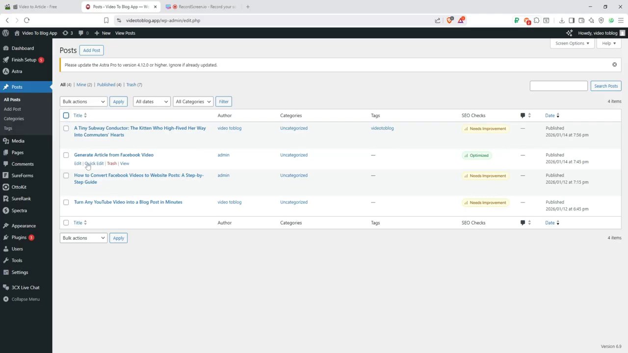 The Post Settings configuration panel in VideotoBlog.app, showing the draft status dropdown and fields for entering category and tag slugs.