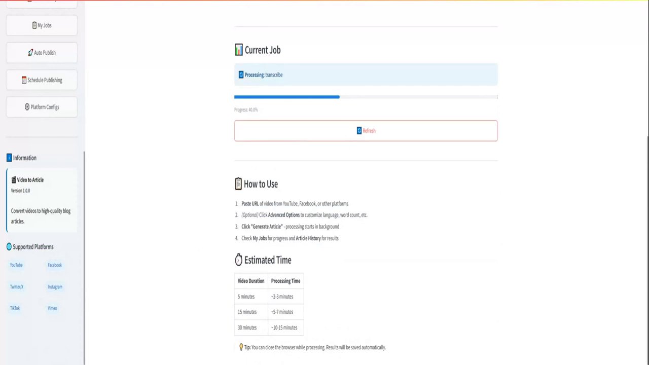 A screenshot of the job monitoring page