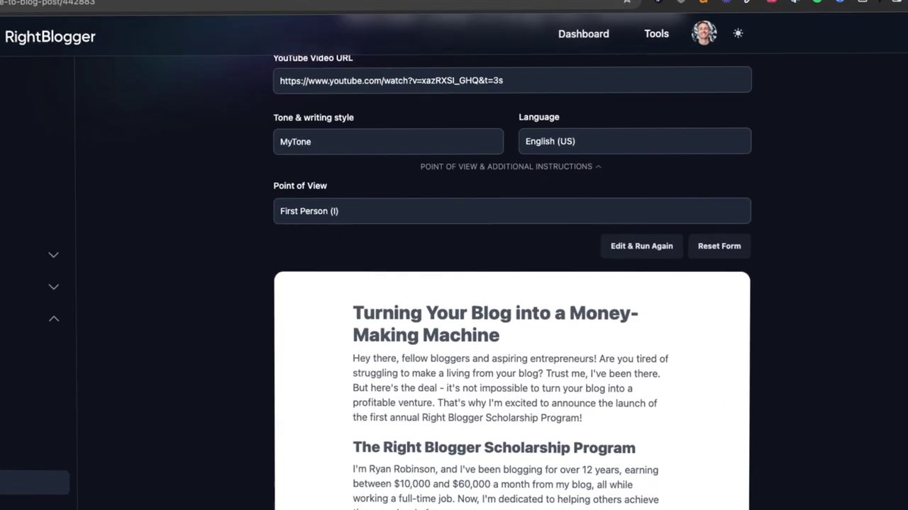 From YouTube Video to Polished Blog Post: How AI Can Transform Your Content Repurposing Workflow The premium tool interface showcasing the "My Tone" selection dropdown and multiple language options.
