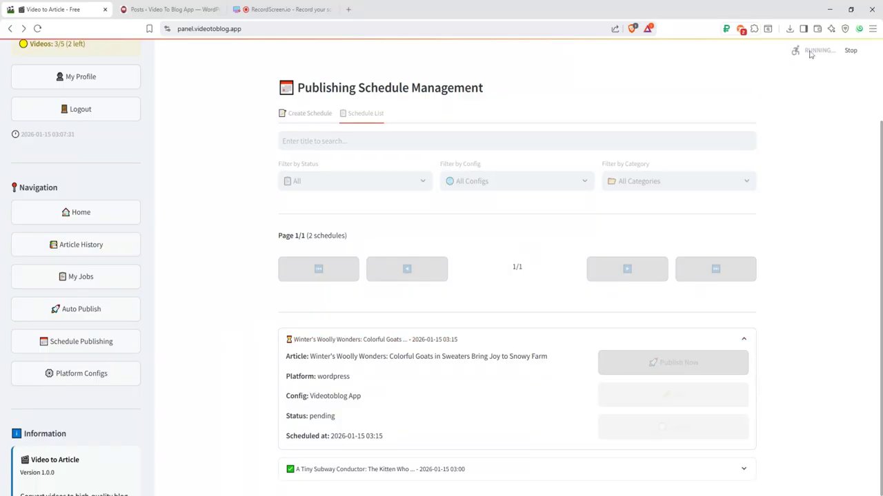 The scheduling list view, displaying multiple articles like the Bangkok guide scheduled for specific dates and times with their configured platform.